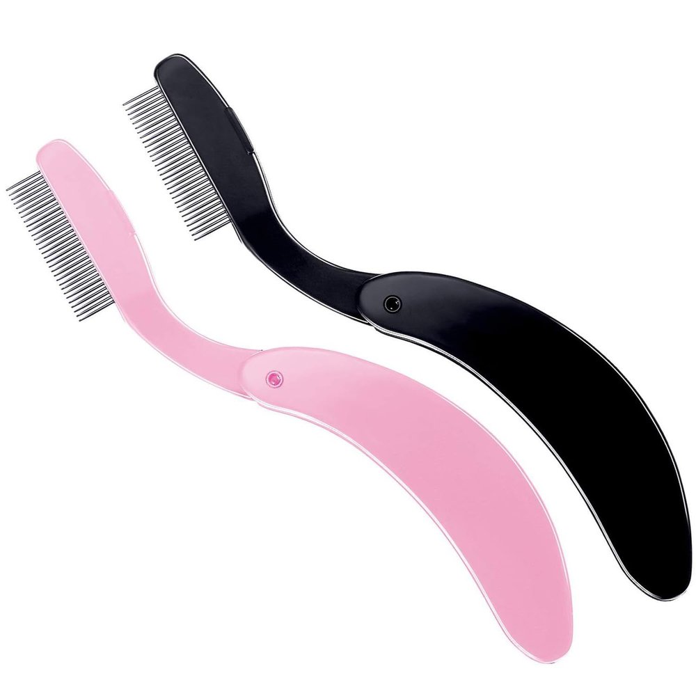 AKOAK 2 Pcs Folding Eyelash Comb, Stainless Steel Teeth Eyebrow Separator Comb, Lash and Brow Makeup Applicator Brush, Professional Eyelash Tool for Define Lash