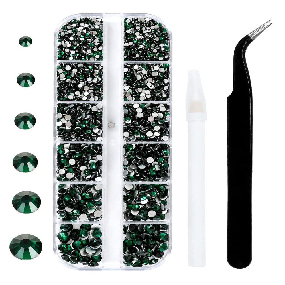 3792 Pcs Green Crystal Flatback Rhinestones Set for Nail, Art, Crafts, Makeup, Tumblers Glitter Round with Tweezers and Picking Pen(SS6~SS20)