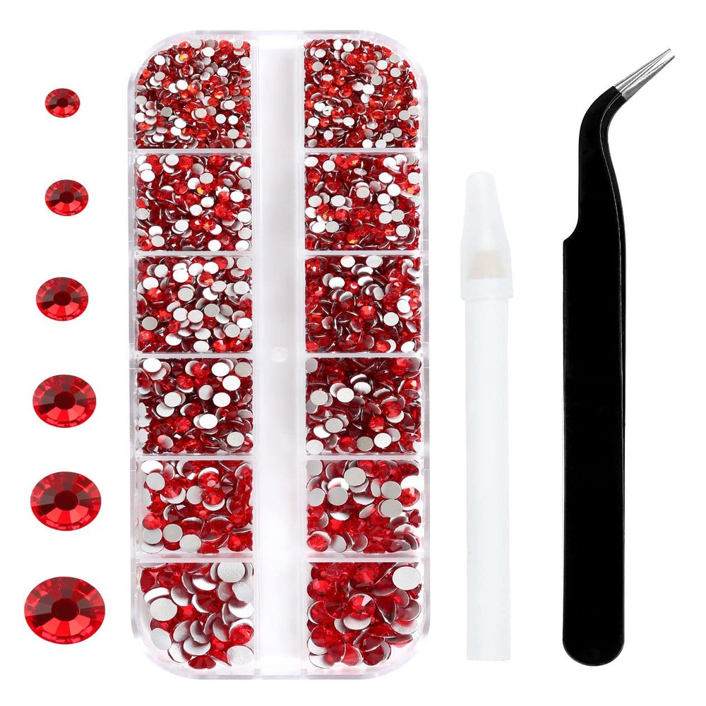 3792 Pcs Ruby Red Crystal Flatback Rhinestones Set for Nail, Art, Crafts, Makeup, Tumblers Glitter Round with Tweezers and Picking Pen(SS6~SS20)