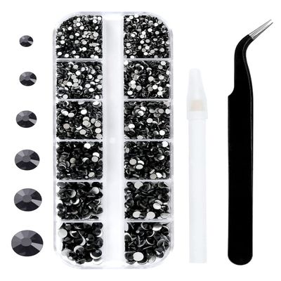 3792 Pcs Black Crystal Flatback Rhinestones Set for Nail, Art, Crafts, Makeup, Tumblers Glitter Round with Tweezers and Picking Pen(SS6~SS20)