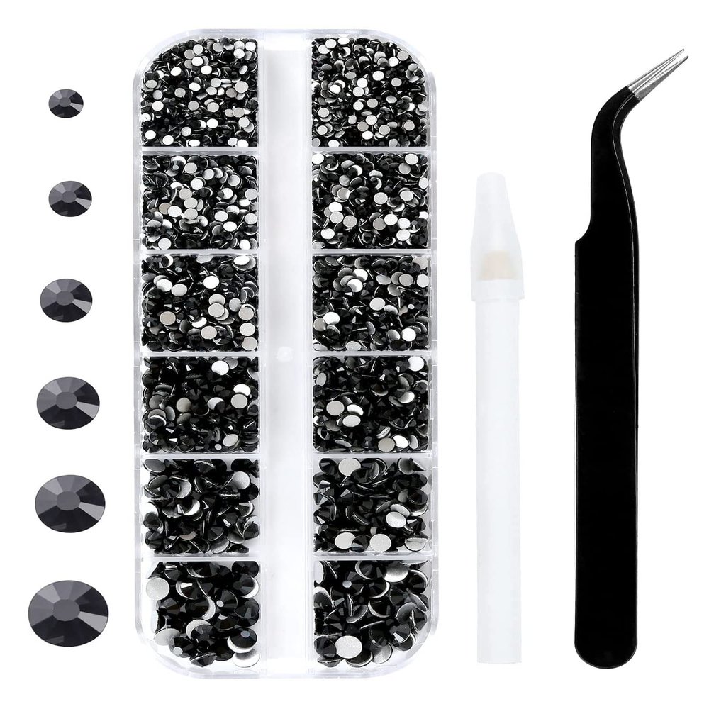 3792 Pcs Black Crystal Flatback Rhinestones Set for Nail, Art, Crafts, Makeup, Tumblers Glitter Round with Tweezers and Picking Pen(SS6~SS20)