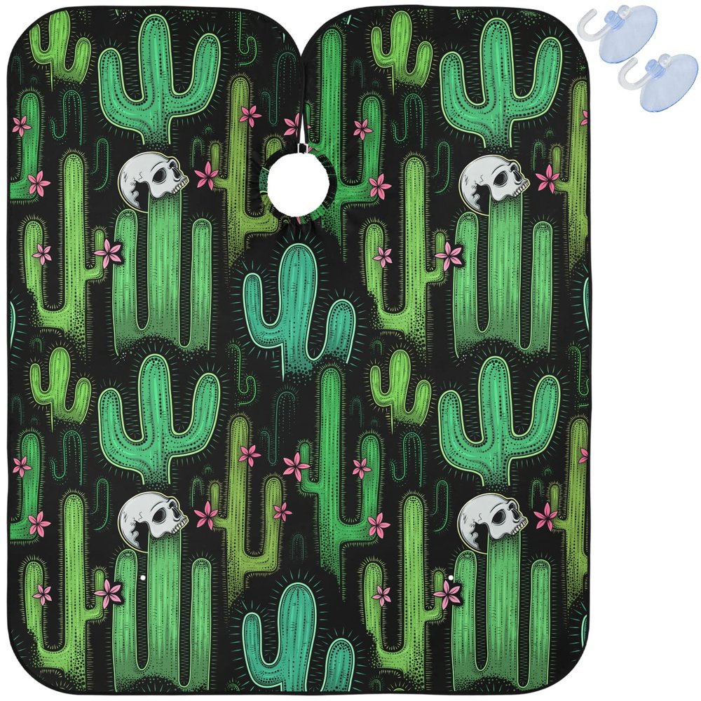 visesunny Barber Cape Green Western Cactus Seamless Pattern Polyester Hair Cutting Salon Cape Apron Anti-Static Haircut Water-Resistant Shaving Cloth Beard Shaving Bib Hairdressing Cape