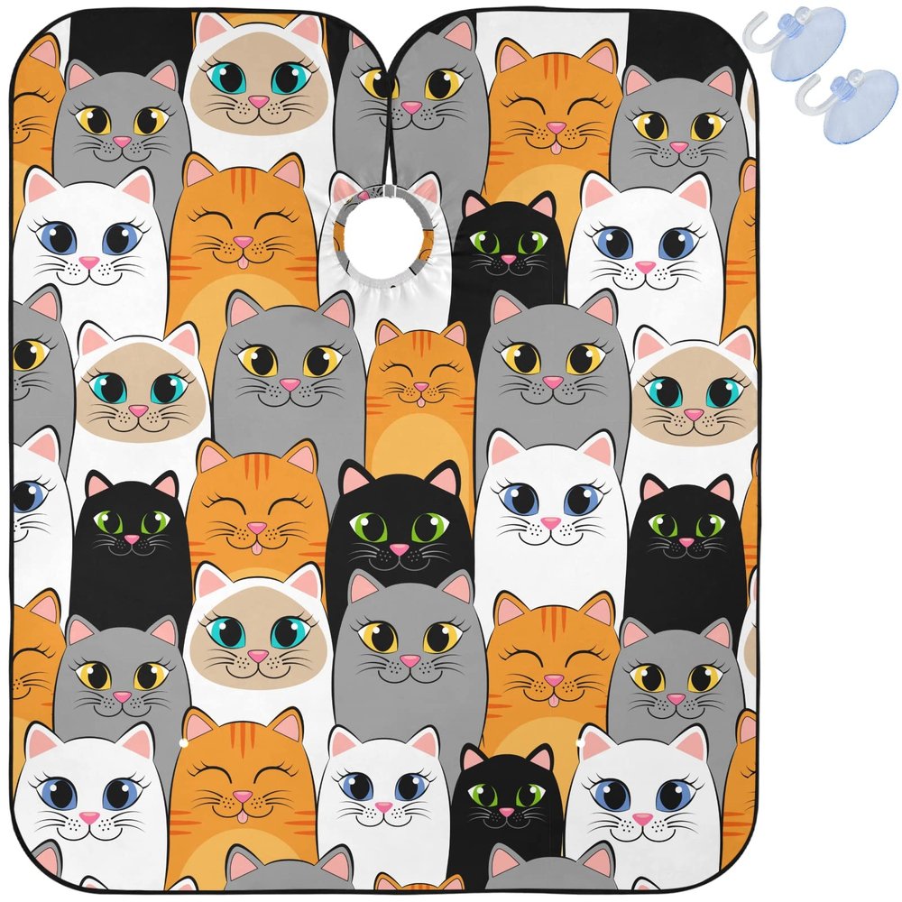visesunny Barber Cape Gray White Cat Animal Polyester Hair Cutting Salon Cape Apron Anti-Static Haircut Water-Resistant Shaving Cloth Beard Shaving Bib Hairdressing Cape