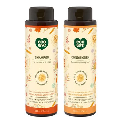 ecoLove - Natural Conditioner and Shampoo for Dry, Damaged Hair and Color Treated Hair - No SLS or Parabens - With Natural Carrot and Pumpkin Extract - Vegan and Cruelty-Free, 17.6 oz