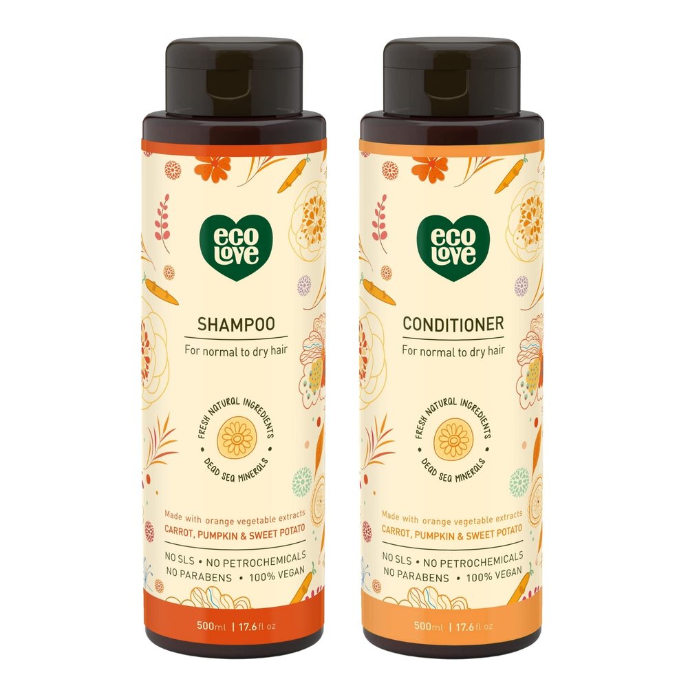 ecoLove - Natural Conditioner and Shampoo for Dry, Damaged Hair and Color Treated Hair - No SLS or Parabens - With Natural Carrot and Pumpkin Extract - Vegan and Cruelty-Free, 17.6 oz
