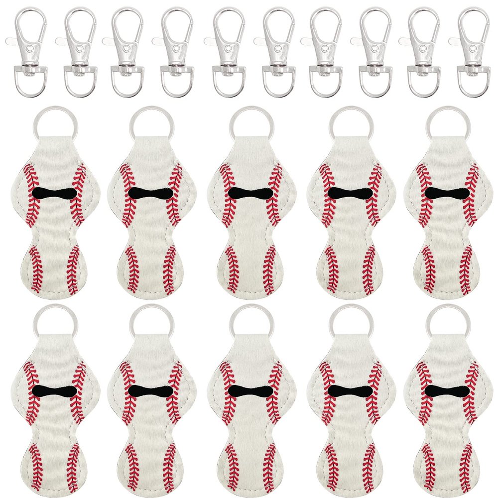 allydrew 10 Pack Chapstick Holder Keychain, Keyring for Lip Balm Lip Gloss Lipstick with 10 Pieces Metal Keyring Clasps, Baseball/Softball