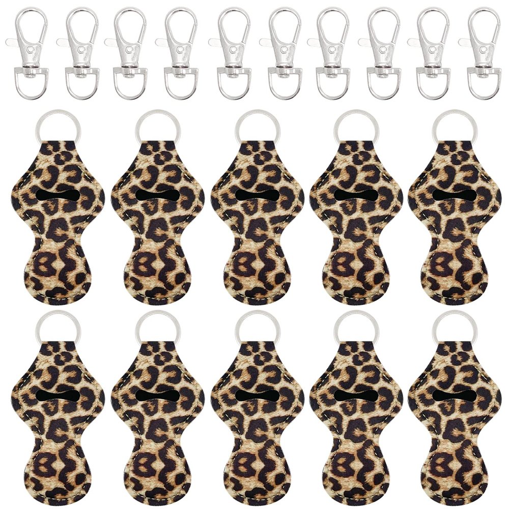 allydrew 10 Pack Chapstick Holder Keychain, Keyring for Lip Balm Lip Gloss Lipstick with 10 Pieces Metal Keyring Clasps, Leopard
