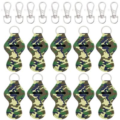 allydrew 10 Pack Chapstick Holder Keychain, Keyring for Lip Balm Lip Gloss Lipstick with 10 Pieces Metal Keyring Clasps, Camouflage