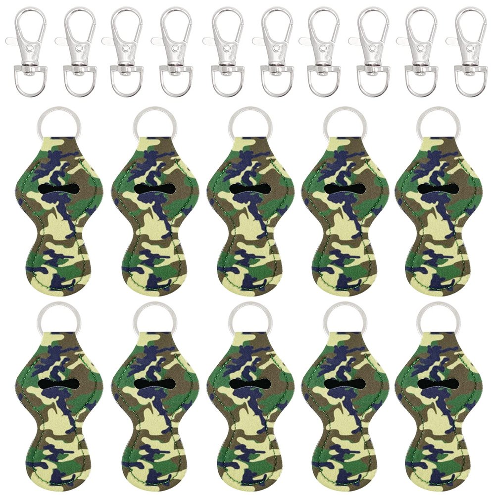 allydrew 10 Pack Chapstick Holder Keychain, Keyring for Lip Balm Lip Gloss Lipstick with 10 Pieces Metal Keyring Clasps, Camouflage