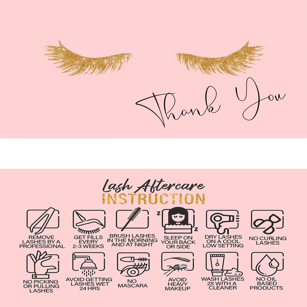 100 Pack Lash Extension Aftercare Cards With Thank You Note - Suitable for Lash After Care Bags - Size 3.5x2 in - Lash Supplies - Pink