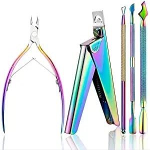 Dongng 5pcs Nail Cuticle Pusher Tweezer Rainbow Nipper Clipper Edge Cutter Dead Skin Remover Scissor Plier Pedicure Nail Tools Ideal Gift