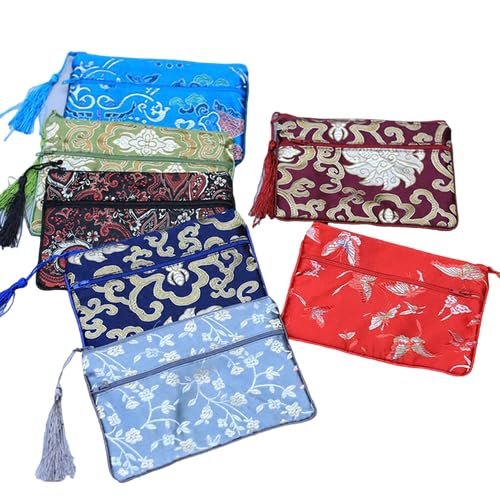 10pcs Double Zipper Silk Brocade Jewelry Pouch Storage Bag Rectangle Ladies Large Coin Purse Cosmetic Makeup Phone Wallet (Mixed Color)