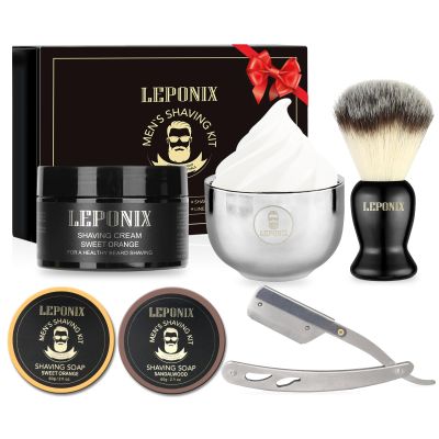 Straight Razor Shaving Kit for Men - 2 Packs Shaving Soap, Straight Edge Razor, Shaving Cream, Brush & Bowl - Unique Gifts Set for Men, Him, Dad - Stocking Stuffers,Fathers Day (Sweat Orange