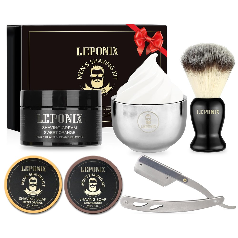 Straight Razor Shaving Kit for Men - 2 Packs Shaving Soap, Straight Edge Razor, Shaving Cream, Brush & Bowl - Unique Gifts Set for Men, Him, Dad - Stocking Stuffers,Fathers Day (Sweat Orange