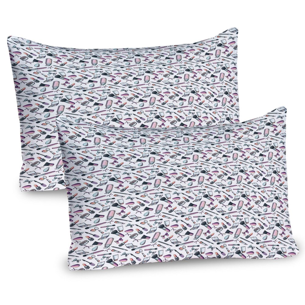 Ambesonne Cosmetics Pillow Sham Set of 2, Girly Fashion Makeup Female Beauty Eyeliner Blush Mascara Lipstick Powder, Quality Microfiber Bedding Item for All Seasons, 30" x 20", Purple Pale Pink