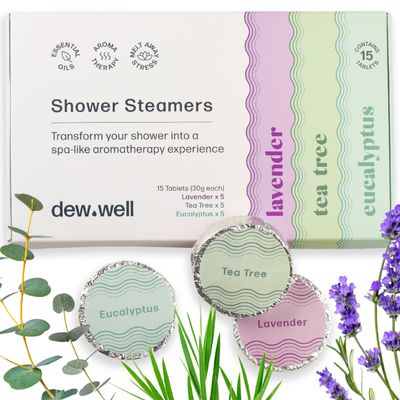 Dew Well - Shower Steamers - 15 Count Shower Bomb - Spa Aromatherapy Right in Your Home - Relax and Unwind - Variety Pack (Lavender, Eucalyptus & Tea Tree)