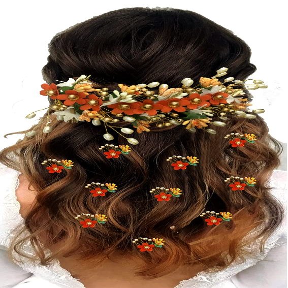 Hair Flare Latest Trendy Floral Design Bridal Hair Clip Set/ Hair Accessories/ Hairpin/ Judapin/ Judabun/ Combclip/ Sidepin Combo Set for Women - 2205/2206, Orange