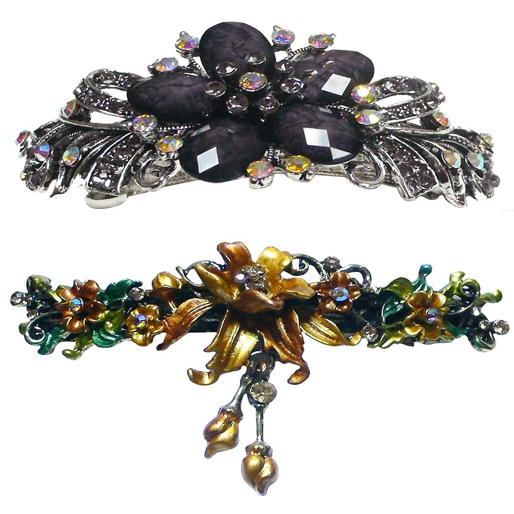 Set of 2 2 Styles Combo Large Thick Hair Barrettes Sparkly Crystal 0052-YY86010-3-2dktaupeGamber