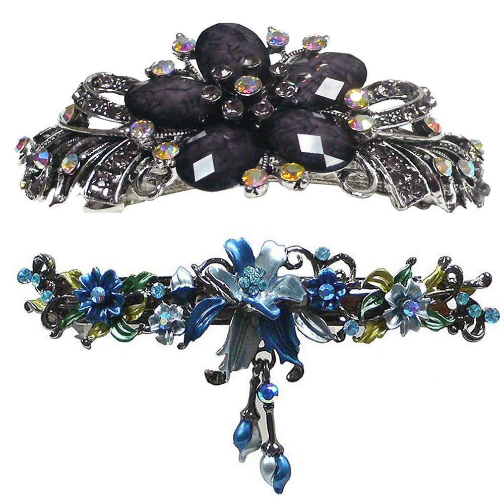 Set of 2 2 Styles Combo Large Thick Hair Barrettes Sparkly Crystal 0052-YY86010-3-2dktaupeBlue