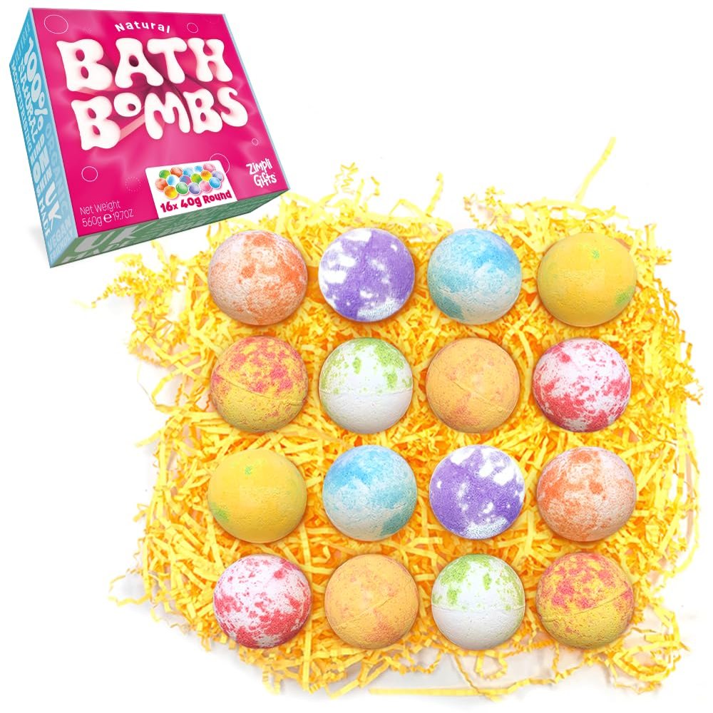 16 x Bath Bombs Gift Set for Women from Zimpli Gifts, Handmade Luxury Fizzing Bath Fizzers for Her, Relaxing Beauty Kit, Birthday, Christmas, Xmas Presents, Moisturising Dry Skin, Vegan & Cruelty Free