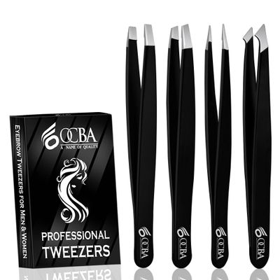 OCBA 4 Pcs Tweezers for Facial Hair Women & Men for Precise Grooming of Eyebrows - Professional Stainless Steel Black Color Coated Eyebrow Tweezers for Ingrown Hair on Nose Ear