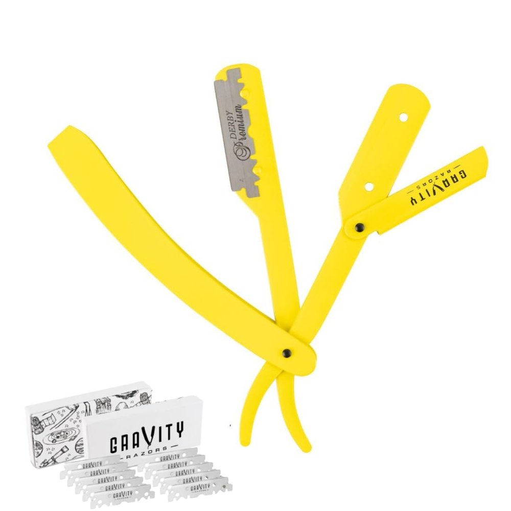 GRAVITY RAZORS Professional Straight Razor Kit  Minimal Exposure, Includes 10 Premium Blades, 0.5mm Exposed, Yellow