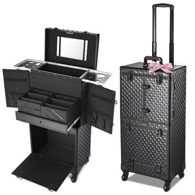 BYOOTIQUE Rolling Makeup Case Trolley with Mirror Cosmetic Organizer Stroage Hair Stylist Barber Extendable Tray Hairdressing Beauty Salon Lockable