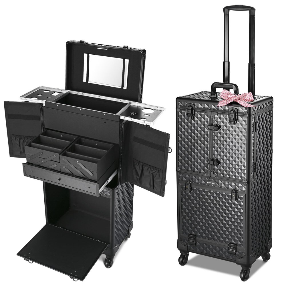 BYOOTIQUE Rolling Makeup Case Trolley with Mirror Cosmetic Organizer Stroage Hair Stylist Barber Extendable Tray Hairdressing Beauty Salon Lockable