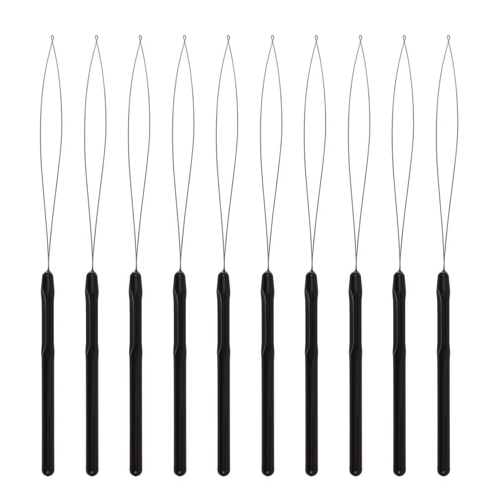 10 Pcs Hair Extension Loop Needle Threader Pulling Hook Tool and Bead Device Tool for Hair Extensions (Black)