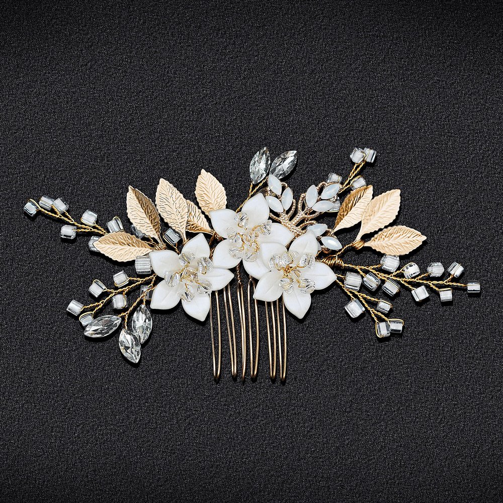 Wedding Hair Accessories, Fanvoes Hair Pieces Comb for Brides Bridal - Gold Headpiece Jewelry Decorations w/Rhinestone Crystal Flower Rose Gold Leaf for Mother of Bride Bridesmaid Women Flower Girls