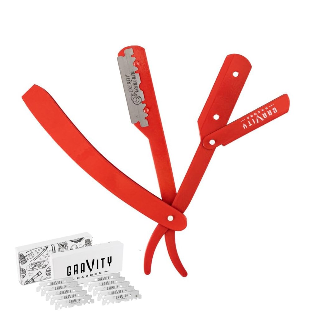 GRAVITY RAZORS Professional Straight Razor Kit  Minimal Exposure, Includes 10 Premium Blades, 0.5mm Exposed, Red