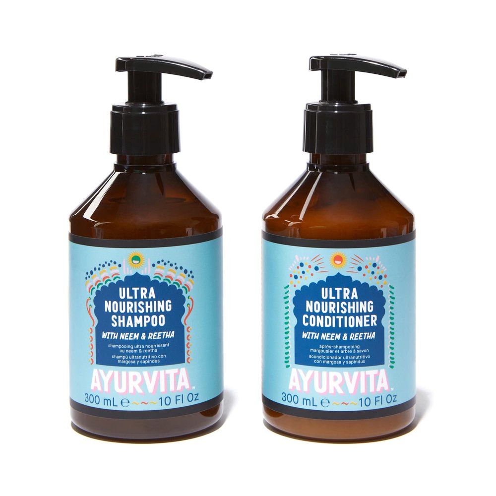 AyurVita Neem & Reetha Haircare Set - Moisturizing, Thickening, Nourishing Shampoo And Conditioner - Herbal Remedy For Dry Scalp And Strands - Planet-Friendly, Bio-Sourced Formula And Packaging - 2 pc