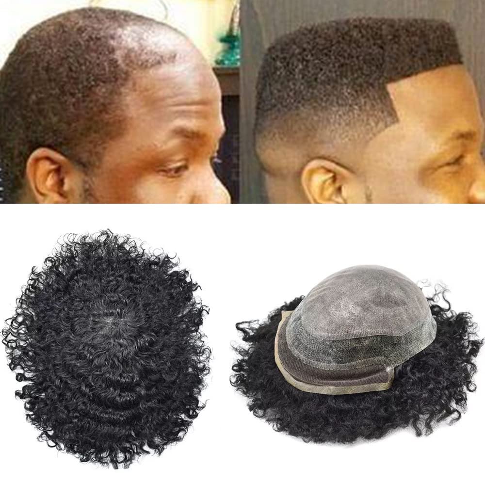 Afro Hair Replacement For Black Men PU Base With Breathable Holes Covered Layer Lace Top With French Lace Hairline American Human Hair Kinky Toupee Hand Tied Curly Hair Piece USA (8X10, 1B# OFF BLACK-6mm)