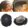 Afro Hair Replacement For Black Men PU Base With Breathable Holes Covered Layer Lace Top With French Lace Hairline American Human Hair Kinky Toupee Hand Tied Curly Hair Piece USA (8X10, 1B# OFF BLACK-6mm) view 1