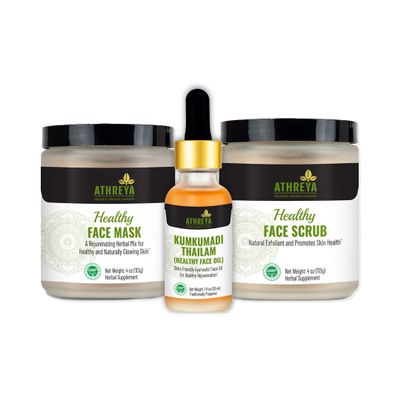 Athreya Herbs Healthy Glow Pack | For Soft & Glowing Skin | Ayurvedic Formula | Nourishes & Hydrates Skin | Healthy Face Mask 4 Oz | Healthy Face Scrub 4 Oz | Kumkumadi Thailam 0.5 Oz | Vegan, Non-GMO