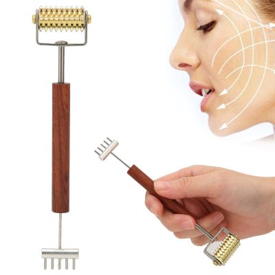 Double Head Design Face Massage Roller, Copper Wooden Handle Promote Circulation Double Head Skin Roller Massage Stick Copper Acupoint Pressing Tool