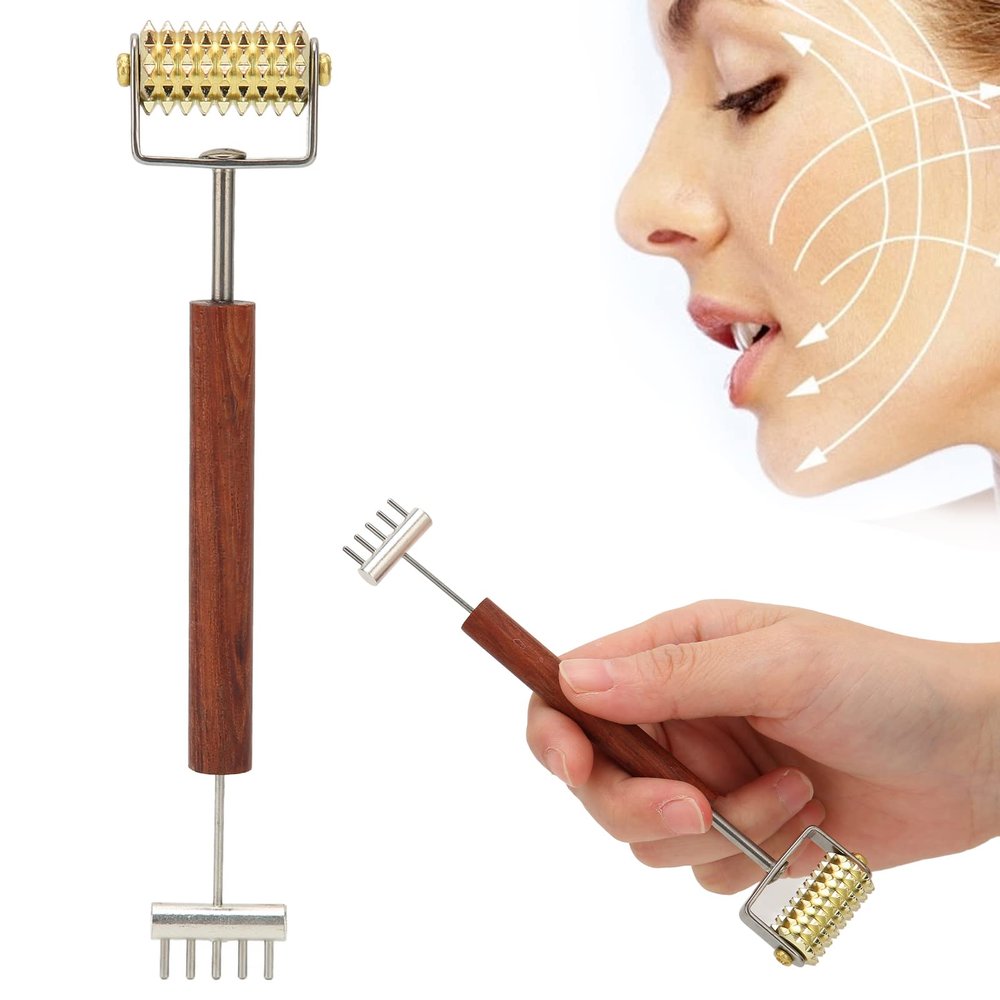 Double Head Design Face Massage Roller, Copper Wooden Handle Promote Circulation Double Head Skin Roller Massage Stick Copper Acupoint Pressing Tool