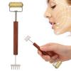 Double Head Design Face Massage Roller, Copper Wooden Handle Promote Circulation Double Head Skin Roller Massage Stick Copper Acupoint Pressing Tool view 1