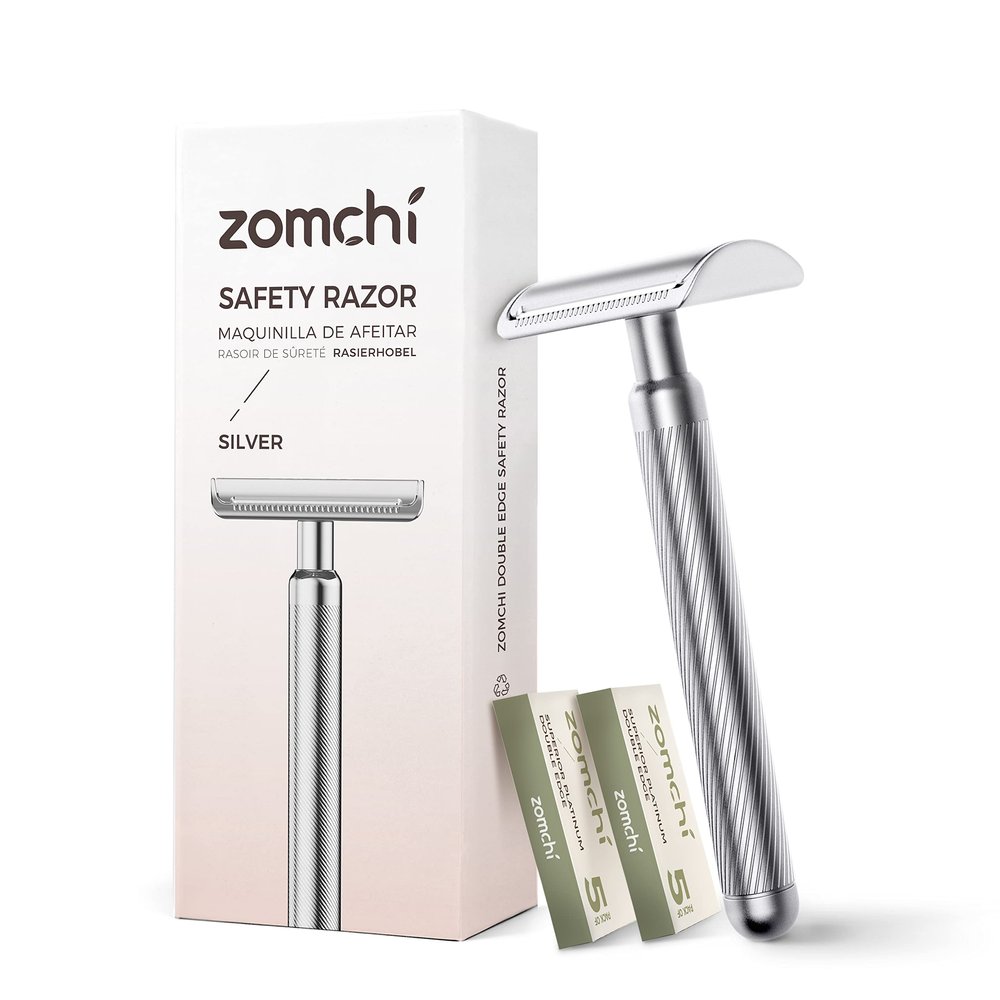 ZOMCHI Double Edge Safety Razor for Men & Women,[New Version 2.0 ] Metal Razor with 10 Double Edge Safety Razor Blades,Single Blade Razor  Noble Silver