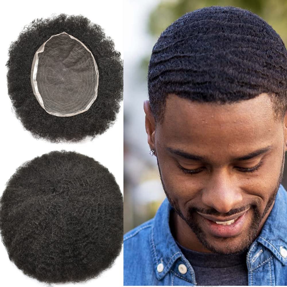 Afro Curly Mens Toupee African American Wig 10x8 All Transparent Lace Hairpiece Replacement Kinky Curly Human Hair System for Black Men Brazilian Remy Hair Unit Peluca para hombre FACE MIRACLE (8x10, #1B Off Black12mm Wave Curl)