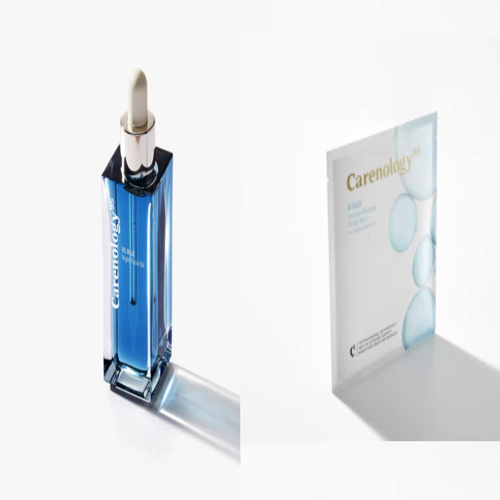 100% Pure Blue Tansy Korean Skincare Carenology Essential Facial Oil 50ml + Carenology RE:BLUE Intensive Recovery Oil Gel Mask 25g 1pack Set ABG Style K-Beauty Korean Skincare K-Skincare