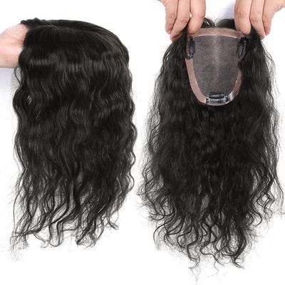 12" Fully Hand Tied Wavy Human Hair Toppers for Women with Thinning Hair,9x15cm Mono Base Curly Hair Topper Replacement Hair Pieces Clip in Women Toupee Natural Black