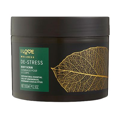 I LOVE Wellness De-Stress Body Scrub - Exfoliating Body Scrub - Sea Salt Shower Scrub - Lemongrass and Eucalyptus Scent with Coconut Oil - 12.3 oz