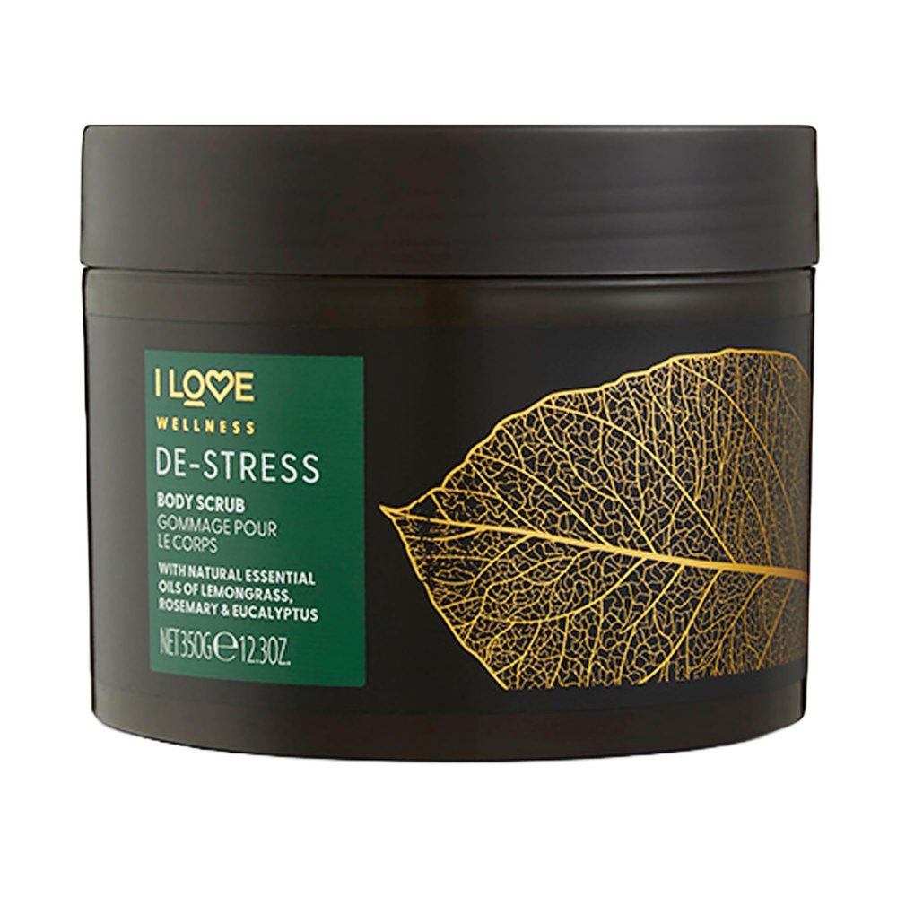 I LOVE Wellness De-Stress Body Scrub - Exfoliating Body Scrub - Sea Salt Shower Scrub - Lemongrass and Eucalyptus Scent with Coconut Oil - 12.3 oz