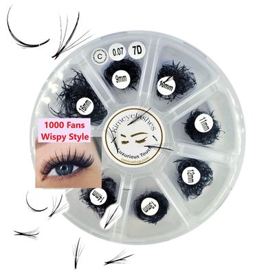1000 Wispy Premade Fans Eyelash Extensions Mixed Tray 9-16mm C and D Curl 0.07mm and 0.05mm 5D | 7D Promade Fanned Russian Volume KimeyeLashes Extension Supplies Long Stem (Curl C - 0.07-7D)