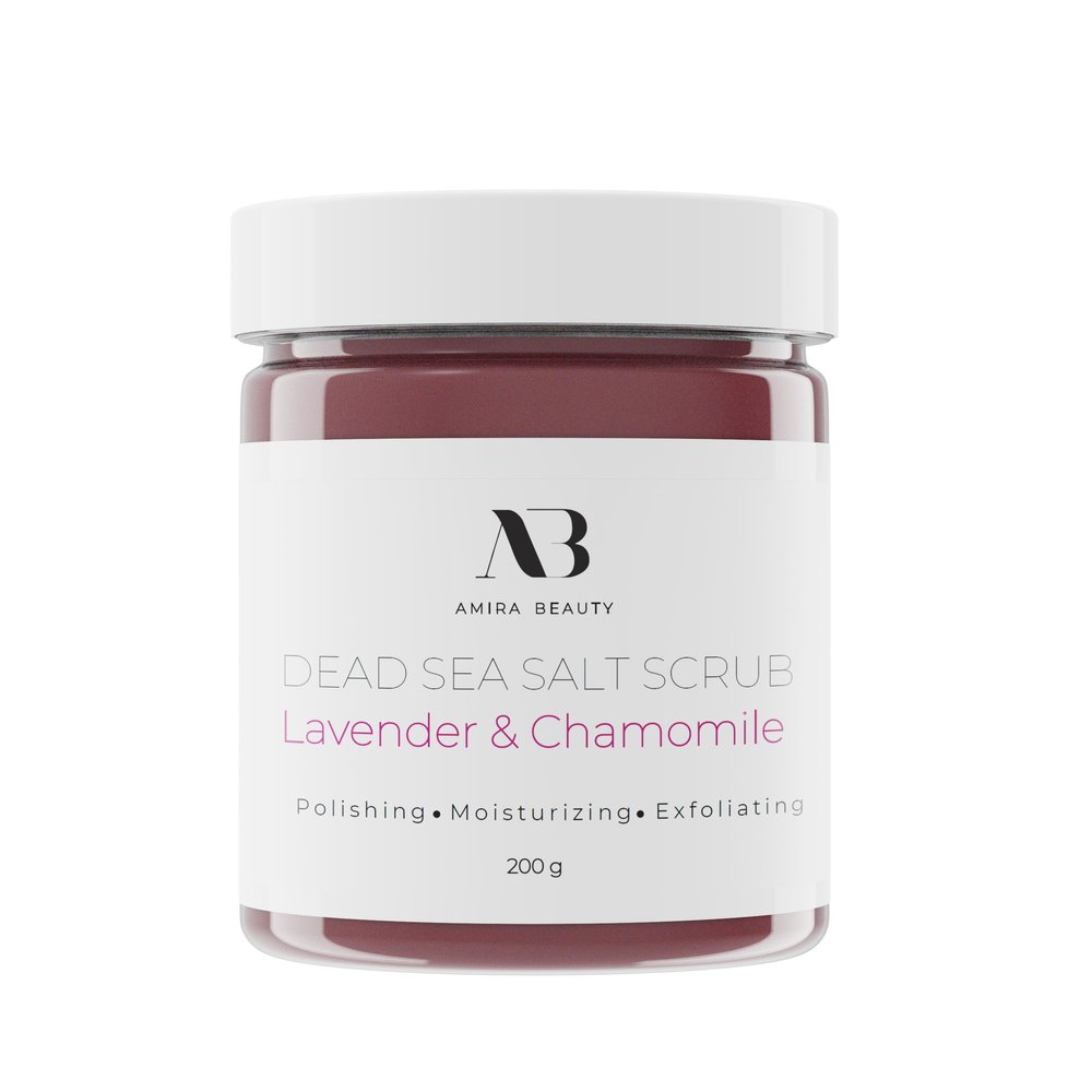 Amira Beauty Dead Sea Salt Body Scrub | Lavender & Chamomile | Foaming Shower Scrub with Organic Essential Oils | Exfoliates and Moisturizes Skin | 7 OZ