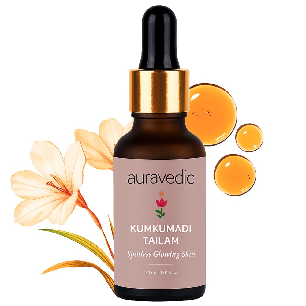 Auravedic Kumkumadi Tailam Face Oil | Helps Reduce Fine Lines & Spots | Hydrates Dry & Dehydrated Skin | Fast-Absorbing & Lightweight | Saffron Facial Moisturizer for Glowing Skin | 1.01 Fl Oz (30ml)