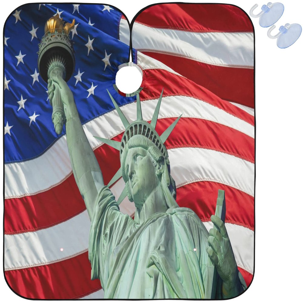 visesunny Statue Of Liberty American Flag Print Barber Cape Polyester Hair Cutting Salon Cape Apron Anti-Static Haircut Water-Resistant Shaving Cloth Beard