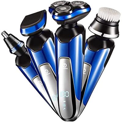 Dongng 4 in 1 Electric Shaver for Men Grooming Kit with Rotary Shaver Hair Nose Trimmer, LED Display, Waterproof Dry Wet Shaving & Rechargeable (Blue)