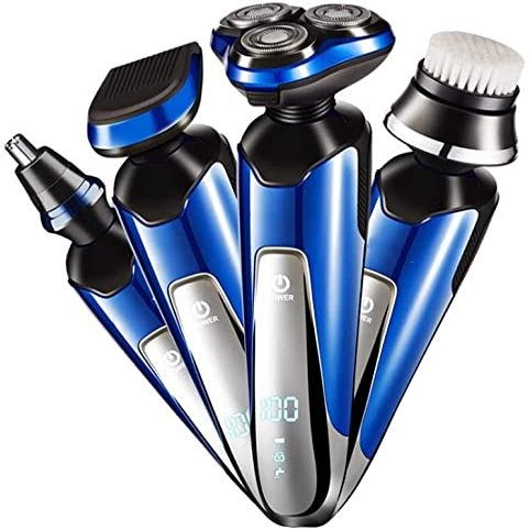 Dongng 4 in 1 Electric Shaver for Men Grooming Kit with Rotary Shaver Hair Nose Trimmer, LED Display, Waterproof Dry Wet Shaving & Rechargeable (Blue)